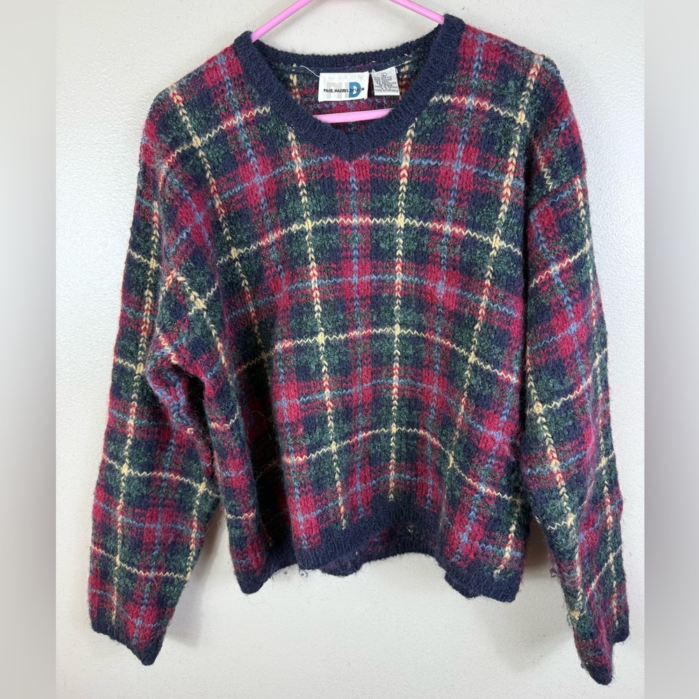 Vintage Plaid Y2K Preppy‎ Wool Mohair Blend Sweater Paul Harris Design V-Neck